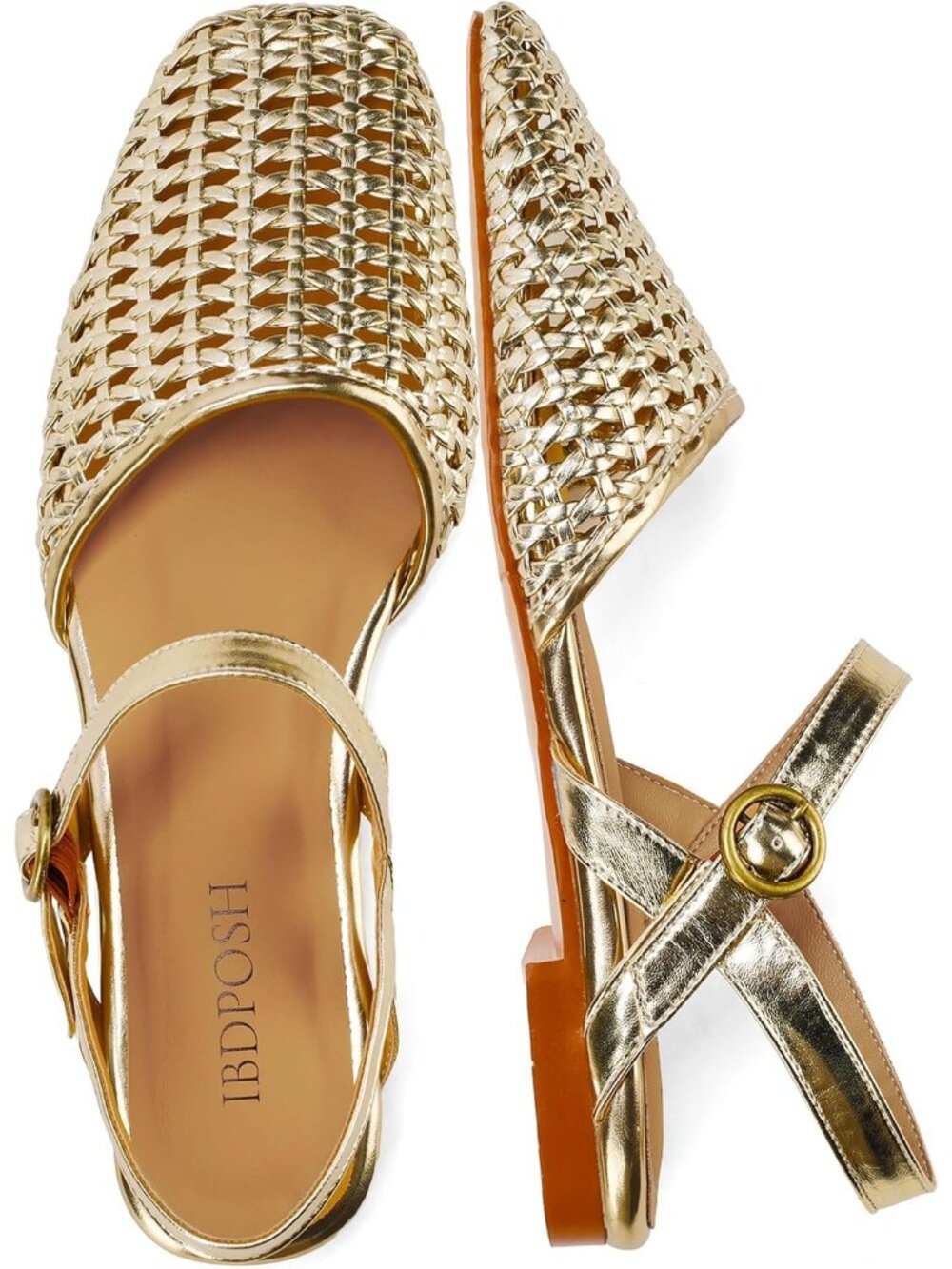 Women's Gold Closed Toe Square Toe Ankle Strap Buckle Closure Braided Sandals
